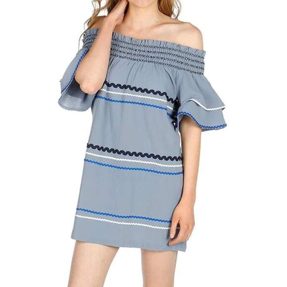 Mud Pie NWT Finnigan Blue Smocked Off the Shoulder Ric Rac MIni Dress Coastal - Picture 1 of 11